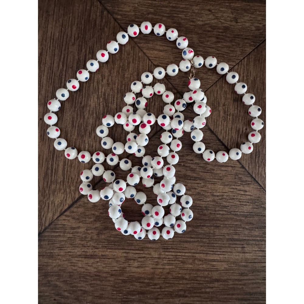 Vintage Red Blue White Polka Dot Beaded Knotted Opera Length Necklace 54 Inch